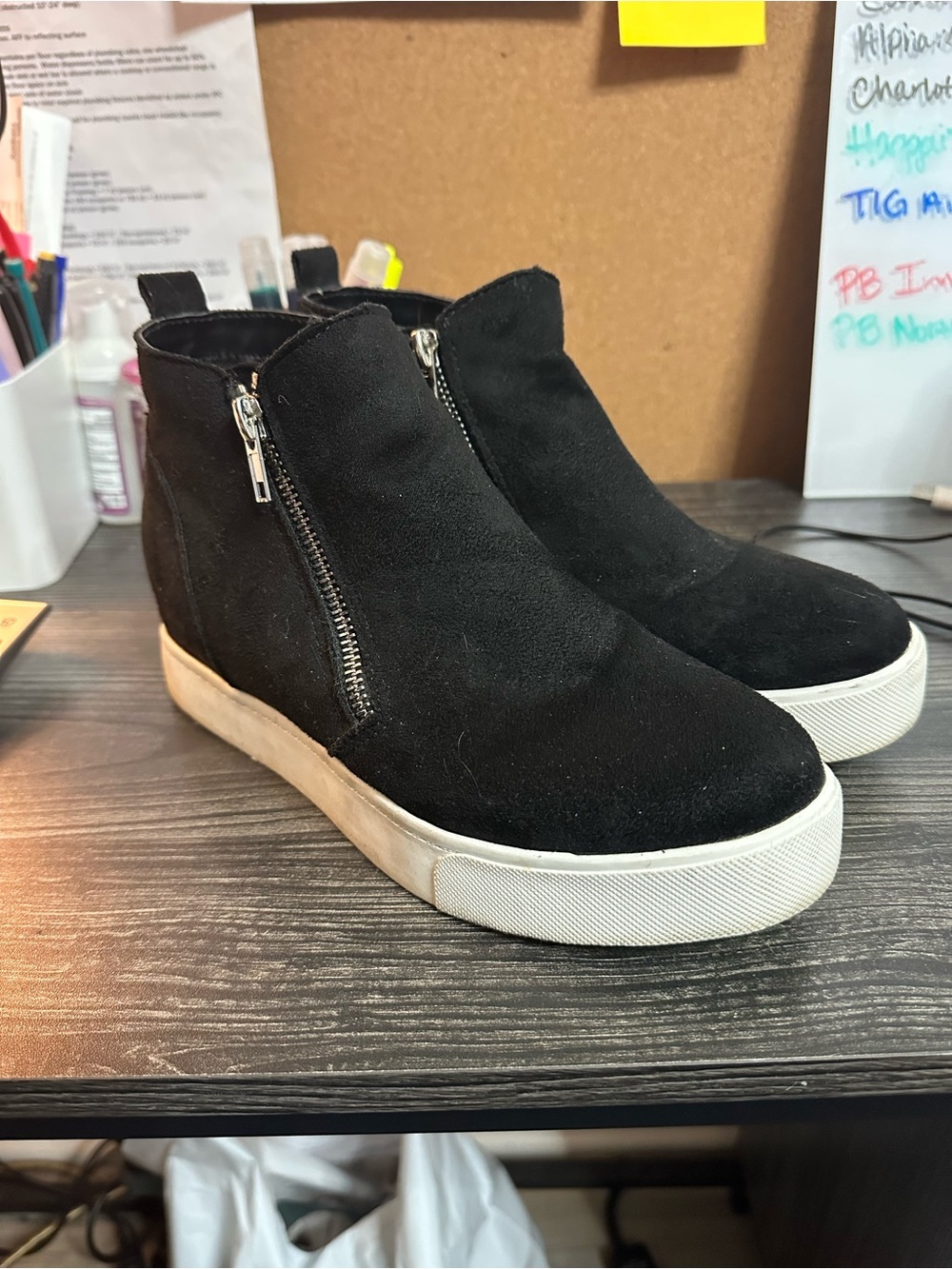 Black Suede Slip-On Sneaker Boots with Side Zippers